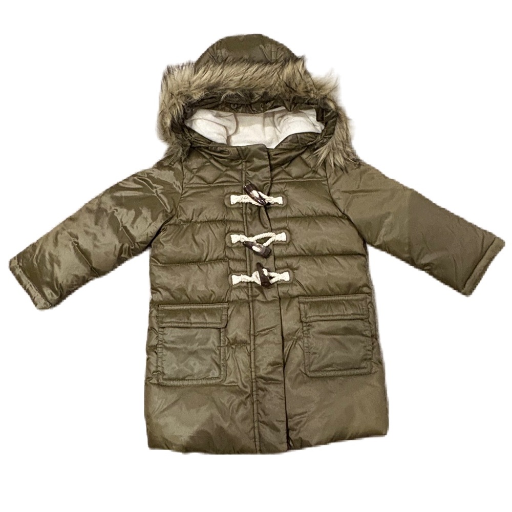 Baby GAP Olive Green Hooded Puffer Coat with Faux Fur Trim - Size 3